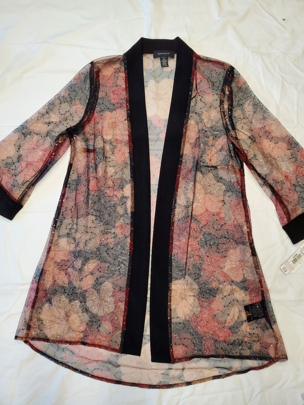 R&M Richards Sheer Mesh Sequin Floral Duster Jacket 6 NWT Open Front Kimono Topp